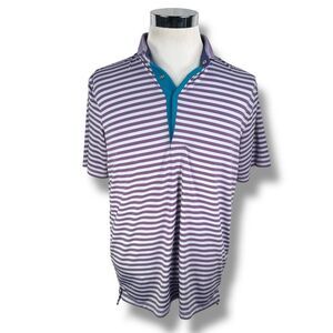 Greyson Golf Polo Shirt Mens Medium Purple Gray Striped Blue Stretch Snap Collar